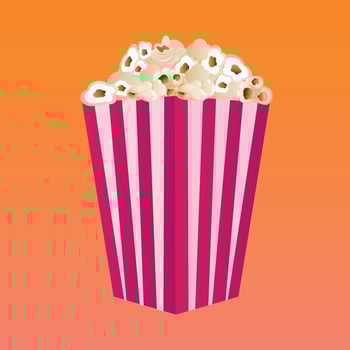 Popcorn. A flat-style movie theater icon. A light snack. A large red and white striped box. Vector illustration