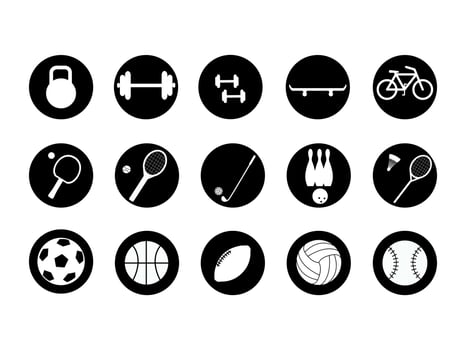 Set of sports round icons. Collection of 20 vector symbols in circles. Sports equipment.