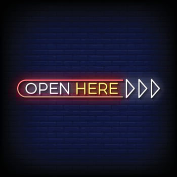 neon sign open here with brick wall background vector illustration