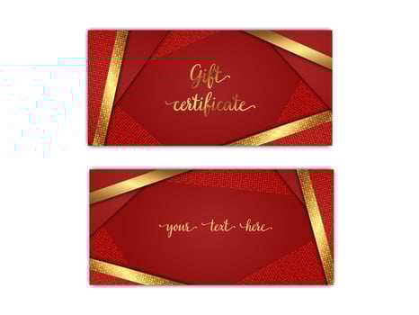 Gift certificate template. Luxury red voucher layout with shiny golden decor elements. Vector illustration of gift coupon with abstract rich background.. Front and back sides