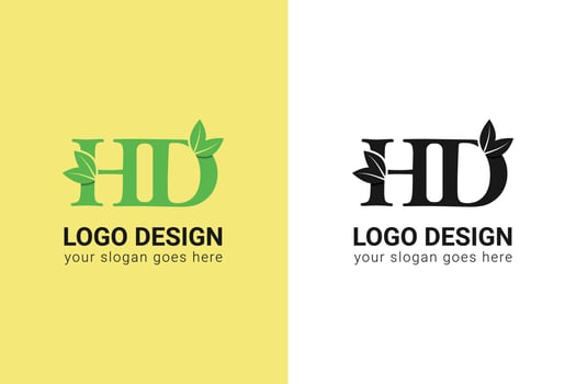 Ecology HD letters logo with green leaf. HD letters eco logo with leaf. Vector typeface for nature posters, eco friendly emblem, vegan identity, herbal and botanical cards etc.