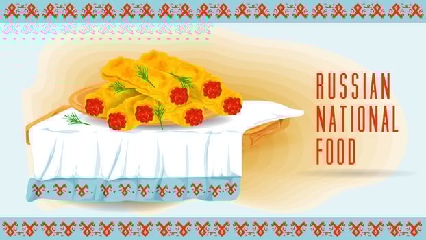 Pancakes stuffed with red fish caviar on a wooden tray towel with an ornament flat illustration of traditional food vector