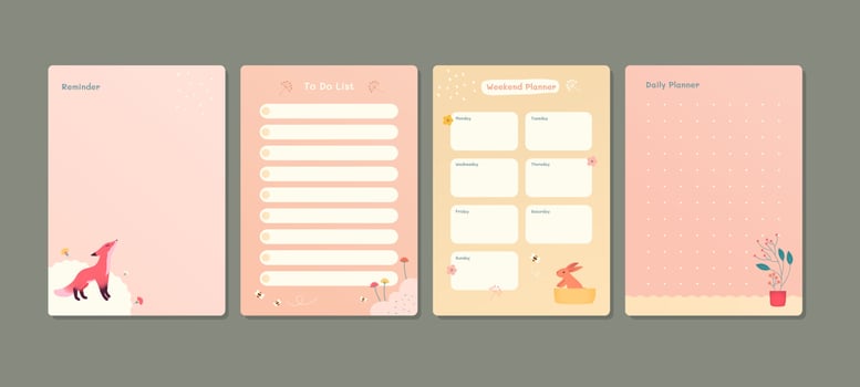 Spring Pastel Mood Journal Pages Template with Fox and Bunny vector