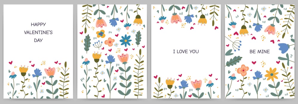 Set of spring cards Happy Valentine's Day, invitations, declaration of love. Rectangular templates with flowers, branches, hearts and text. Vector illustration isolated on white background.