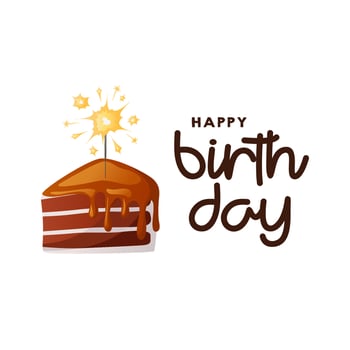 Birthday party card with piece of chocolate cake, bengal sparkler fire. Happy Birthday handwritten wishes lettering. Celebration cake card. Postcard, card. cover, invitation template. vector