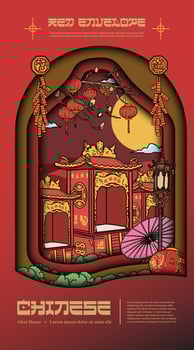 Chinese event layout idea with hand drawn illustration altar house and chinese ornament vector