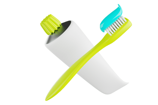 Icon of a green toothbrush with blue paste and a tube 3d png