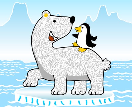 Funny polar bear with little penguin on ice chunk, vector cartoon illustration