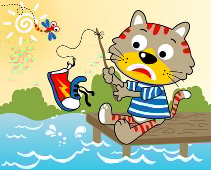 Cartoon vector illustration, funny cat with dragonfly fishing in river get a shoe