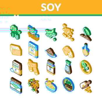 Soy Bean Food Product Isometric Icons Set Vector