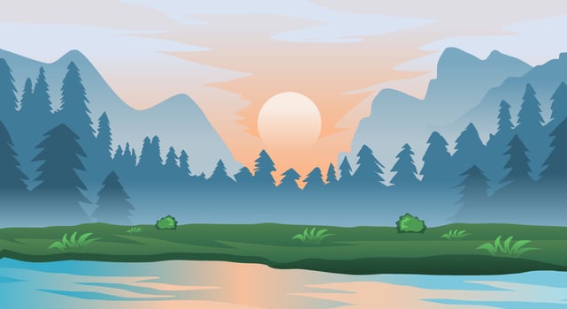 Natural landscape of pine trees, hills and river vector