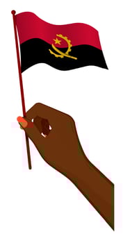 Female hand gently holds small Angola flag. Holiday design element. Cartoon vector on white background