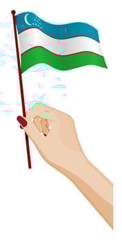 Female hand gently holds small flag of uzbekistan. Holiday design element. Cartoon vector on white background