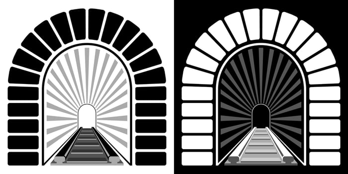 entrance to railway arched tunnel. Path into unknown, overcoming fears and obstacles. Minimalistic vector