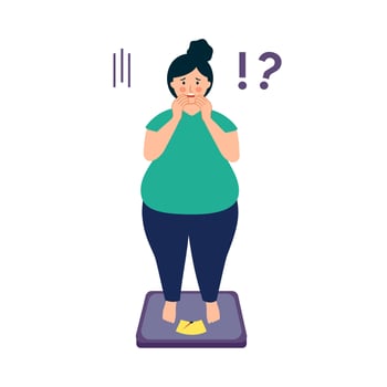 Overweight woman standing on body scale in flat design on white background. Weight gain anxiety. vector