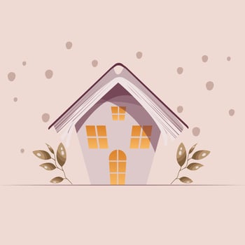 Decorative house with open book. Bookstore, bookshop, book lover concept. Isolated vector illustration.