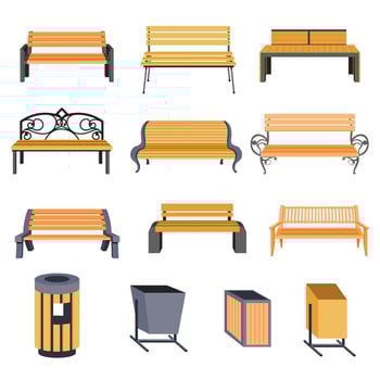 Realistic benches and garbage bin for outdoors vector