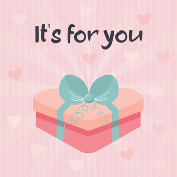 Decorative gift box with bow and ribbon. Its for you text. Pink vintage sunbeam background with hearts. Valentines day card. vector