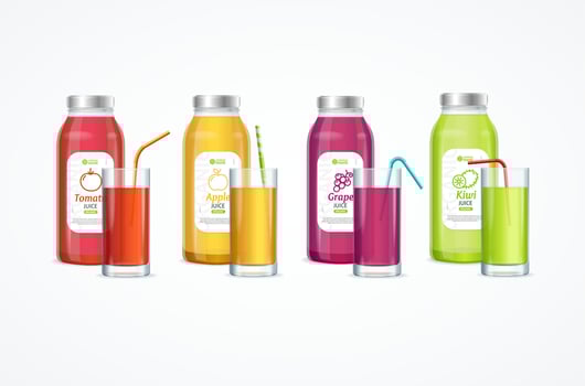 Realistic Detailed 3d Color Juice Bottle and Glass Set. Vector
