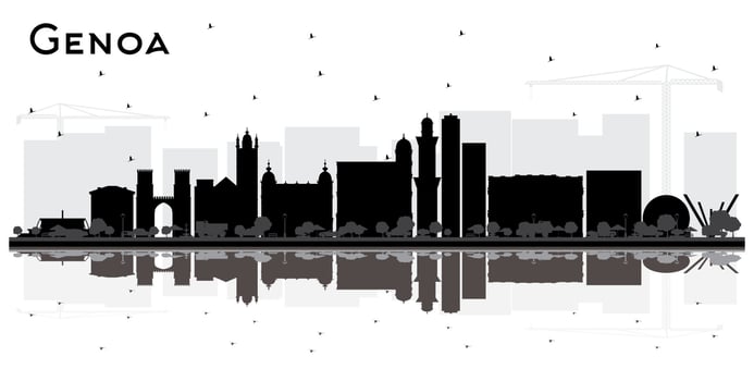 Genoa Italy City Skyline with Black Buildings and Reflections Isolated on White. vector