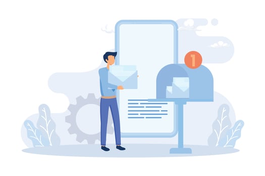 E-mail marketing and promotion scenes. Characters sending advertising mails and promotional offers with sales and discounts. Ecommerce business concept. Flat vector modern illustration