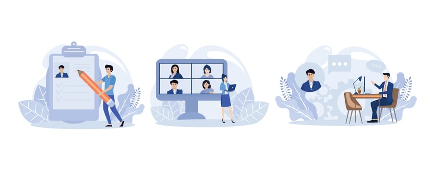 Hiring illustration. Hr manager searching potential job candidates. Characters writing CV and applying for work position. Job recruitment process concept. flat vector modern illustration