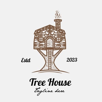 Vintage line art logo Tree house, wooden house, built on a branch of a tree. vector