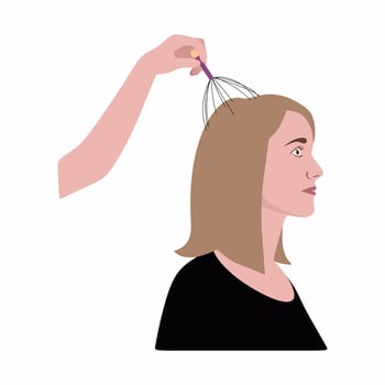 Young woman using a head massage tool. Instruction. Isolated on white background. Head massager. vector