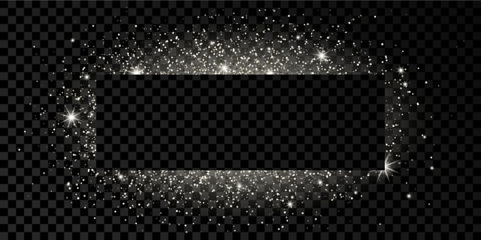 Silver rectangle frame with glitter, sparkles and flares on dark transparent background. Empty luxury backdrop. Vector illustration.