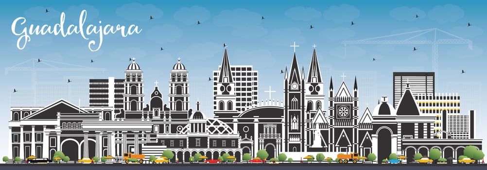 Guadalajara Mexico City Skyline with Color Buildings and Blue Sky. vector