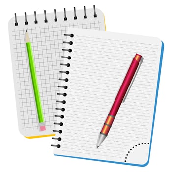 Two notebooks, red pen and green pencil on a white background vector