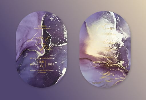 Luxury double arch wedding invitation card background with watercolor waves, marble or fluid art in alcohol ink style with golden glitter. vector