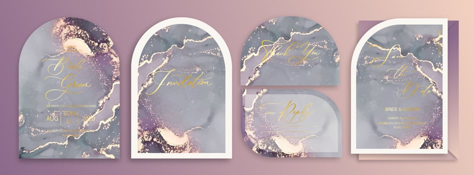 Luxury arch wedding invitation card set background with watercolor waves, marble or fluid art in alcohol ink style with golden glitter. vector