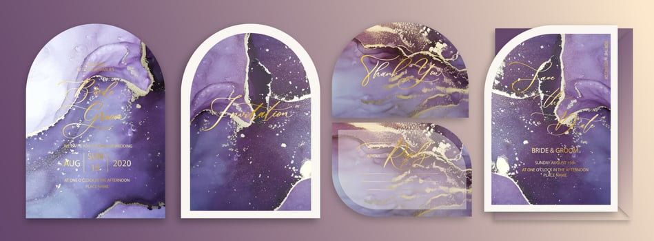 Luxury arch wedding invitation card set background with watercolor waves, marble or fluid art in alcohol ink style with golden glitter. vector
