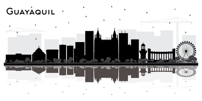 Guayaquil Ecuador City Skyline with Black Buildings and Reflections Isolated on White. vector