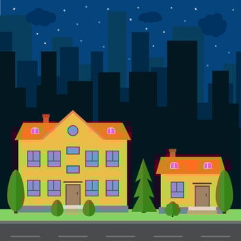 Vector night city with cartoon houses and buildings. City space with road on flat style background concept. Summer urban landscape. Street view with cityscape on a background
