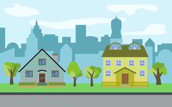 Vector city with two two-story cartoon houses and green trees in the sunny day. Summer urban landscape. Street view with cityscape on a background