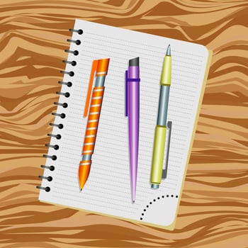 Notebook, orange pen, purple pen and yellow pen on a wooden table vector