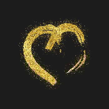 Gold glitter doodle heart on dark background. Gold grunge hand drawn heart. Romantic love symbol. Vector illustration.