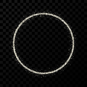 Silver glitter frame. Circle frame with shiny sparkles on dark transparent background. Vector illustration