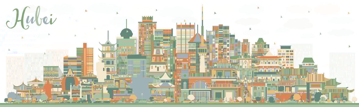 Hubei Province in China. City Skyline with Color Buildings. vector