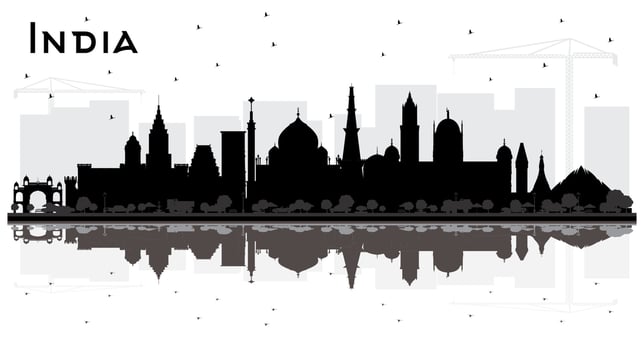 India City Skyline Silhouette with Black Buildings and Reflections Isolated on White. vector