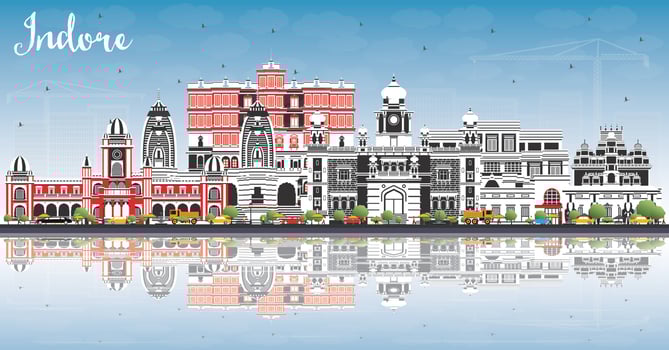 Indore India City Skyline with Gray Buildings, Blue Sky and Reflections. vector