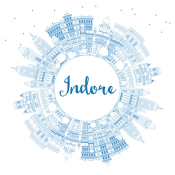 Outline Indore India City Skyline with Blue Buildings and Copy Space. vector