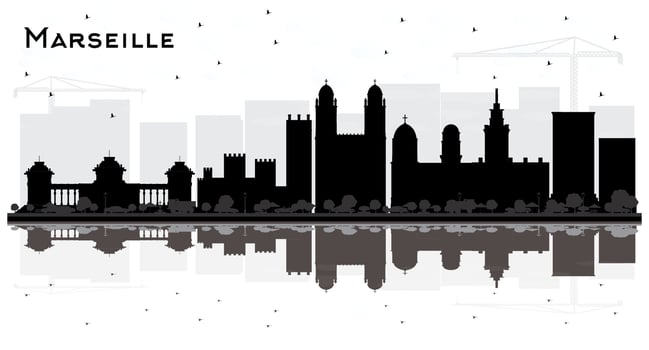 Marseille France City Skyline Silhouette with Black and White Buildings and Reflections. vector