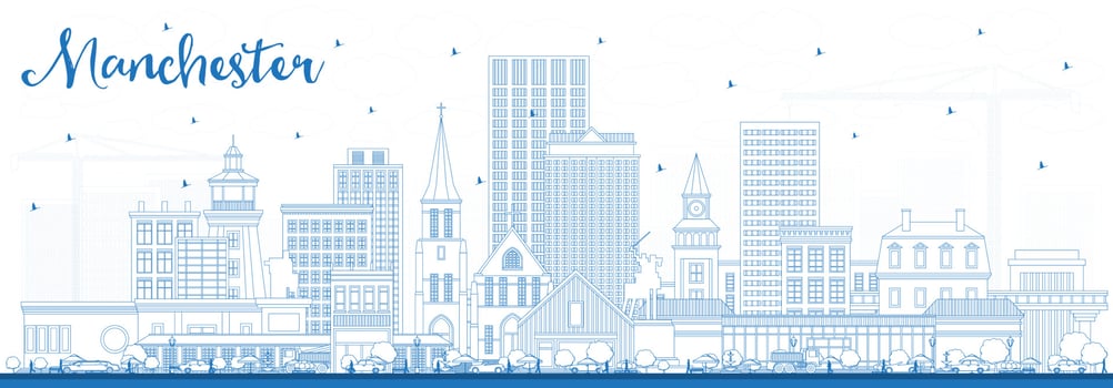 Outline Manchester New Hampshire City Skyline with Blue Buildings. vector