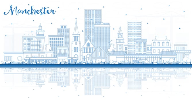 Outline Manchester New Hampshire City Skyline with Blue Buildings and Reflections. vector