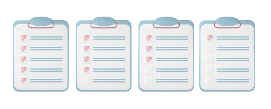 3d list with hearts. Document on a notepad with checklist in vector. Isolated clipboard with type of choice. Minimal poll icon for business application vector