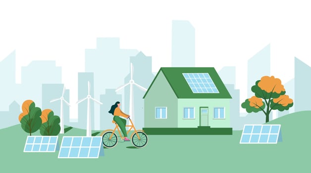 Modern Eco Private House with Windmills and Solar Energy Panels. Green energy and eco friendly transportation. Flat Isometric Vector Illustration and Icon. Sustainable economic growth with renewable
