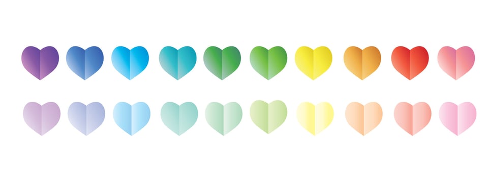 Decorative paper cut hearts isolated on white background.Valentine's Day.LGBT symbol.Pride concept.Paper origami pastel.Love and wedding.Invitation or greeting card.Realistic vector illustration.